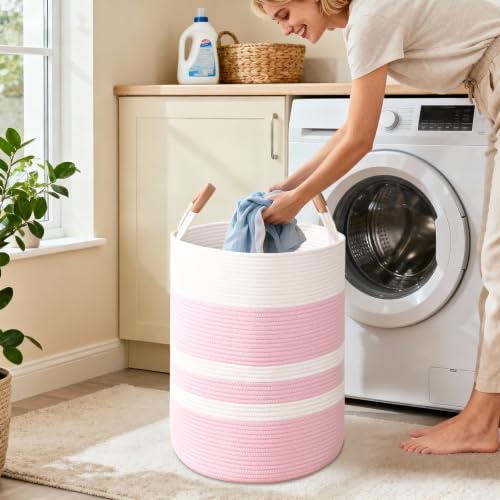 Image of Large Laundry Basket, Laundry Hamper with Leather Handles, 60L Woven Dirty Clothes Hamper, Rope Hampers for Bedroom, Barthroom, Pink