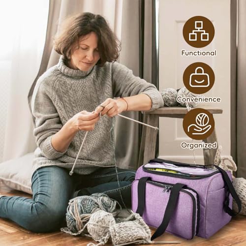 Image of Knitting Bag, Large Capacity Yarn Storage Organizer Tote Bag with Compartments and Pockets for Knitting Needles, Crochet Hooks, Knitting Project and Accessories, Bag Only, Purple