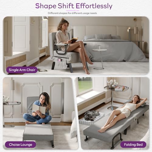 Image of TYBOATLE Sleeper Chair Bed Set of 2, Folding Futon Sofa Bed, Light Grey | Comfy, Small, Cozy, Convertible, 5 in 1, Adjustable Backrest, Side Pockets, Pillow, Small Spaces, Office, Dorm