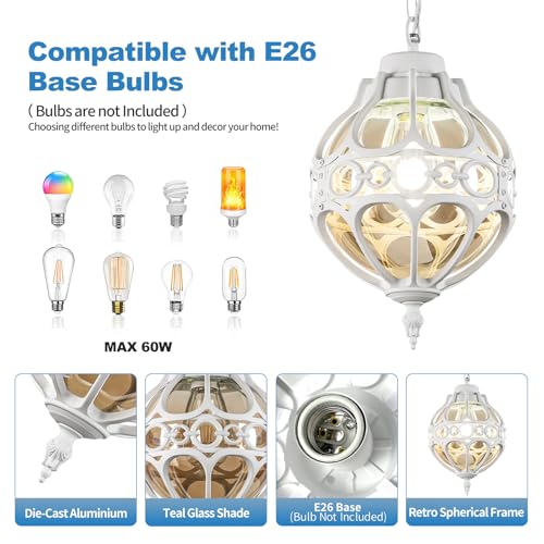 Globe Outdoor Pendant Lights, White Aluminum Waterproof Hanging Light Fixture for Porch Entryway Hallway, Vintage Round Exterior Chandelier, Outside Pendant Lamp with Amber Glass, 2 Pack