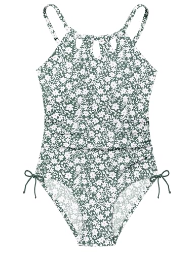 Image of Girls Swimsuit Set - Halter Neck One Piece Bathing Suit with Tropical Cover Up Skirt Swimwear for Kids 7-18Y