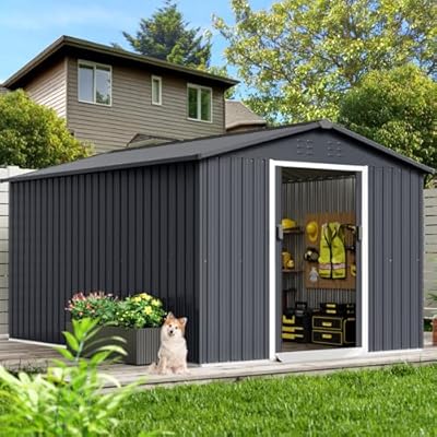 Garvee 8x15 Ft Metal Storage Shed with Pitched Roof & Lockable Door, Outdoor Weatherproof Yard Tool Storage Shed for Organizing Bike, Lawn Mower, Tools and Equipment in Backyard, Yard, Lawn, Grey