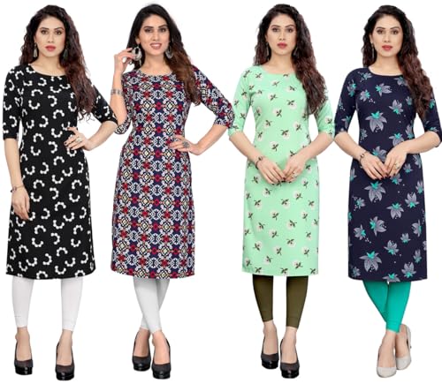 Image of JAKHANA Women's Crepe Printed Casual Straight Calf Length Round Nick Kurta Pack of 4