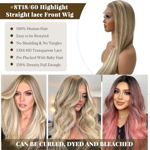 Image of Belaved Ombre Blonde Lace Front Wig, Human Hair, 13x4 Highlights Ash Brown to Blonde, 150% Density Straight 30 Inch HD Lace Frontal Wig for Women, Pre-Plucked With Baby Hair