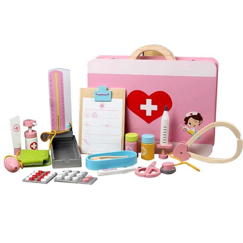 Image of Wooden Doctor Kit for Kids- Medical Kits Pretend Role Play Educational Toy with Storage Case for Kids Girls Boys (Pink)