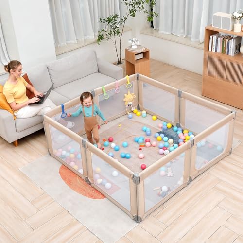 Image of Dripex Baby Playpen, 71 inchx69 inch Extra Large Play Pen for Babie, Beige | Foldable, Variable Shape, 8 Removable & Assemblable Panels, Breathable Visible Mesh, Indoor /Outdoor Use