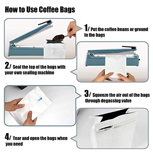 Image of 4 Ounce White Kraft Paper Coffee Bags, Stand Up Coffee Pouches with One Way Degassing Valve and Reusable Side Zipper (Pull Tab to Open) Flat Bottom - Stand Up Well (50pieces / 4oz, 0.25lb, 100gram)