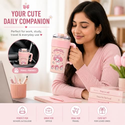 Image of Vasukie Cute Cartoon Stainless Steel Tumbler with Handle & Straw Lid, Leakproof Travel Mug, Reusable Water Cup for Girls, School, Office, Home & Outdoor Use