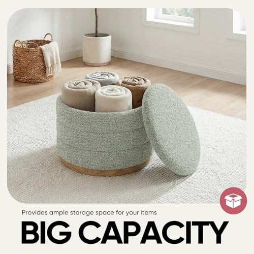 Image of Round Storage Ottoman with Tray, Chenille Folding Foot Rest Coffee tabele for Living Room Bedroom Dorm,Wood Grain Leather