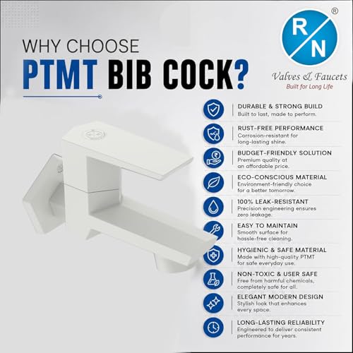 Image of RN PTMT Bib Cock for Bathroom | 15mm Foam Flow Water Tap with Flange | Luxury G20 Series Faucet | High-Grade Engineering Polymer Tap (White, Pack of 1)