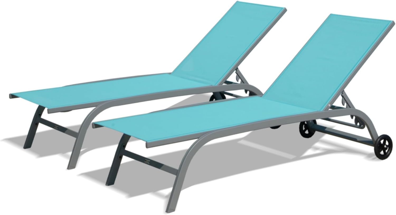 Outdoor Chaise Lounge Chair with Wheels – 5-Position Adjustable Backrest, Heavy-Duty Aluminum Frame & Stackable Design for Poolside, Beach, or Patio Relaxation (Lake Blue (2 Chairs))