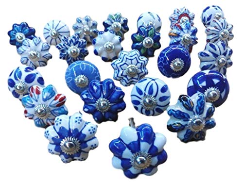 25 blaue & weiße Keramikknäufe für Schubladen, Türen, Schränke, indische Mischung Cover