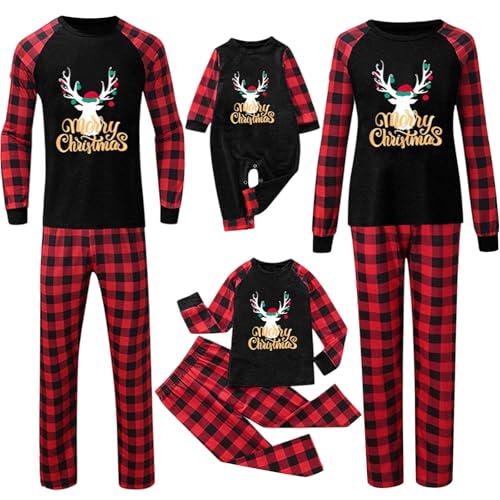 Pijama Navidad Familia Conjunto de Pijamas Navideños Juego para La Familia Chirstmas Camiseta Manga Larga y Pantalones Largos de Cuadros Conjunto de Pijamas Navideños para Papá Mamá Niños Infantil