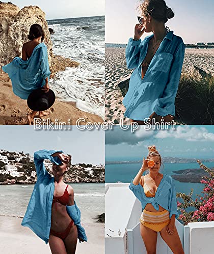 Image of Zoye Chen Women's Bikini Swimsuit Cover Up Button Down V Neck Shirts Long Sleeve Blouse Beachwear Bathing Suit