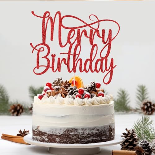 Red Glitter Merry Birthday Cake Topper
