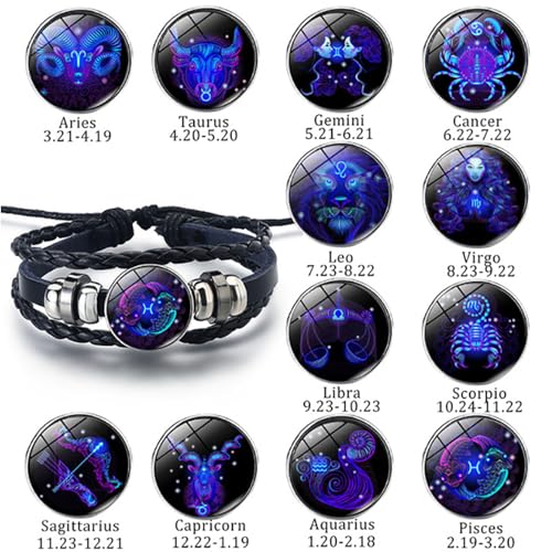 Zodiac Signs Spirit Bracelet Multilayer Adjustable 12 Constellation Black Leather Bracelet Handmade Woven Zodiac Sign Wrap Bracelet Birthday Jewelry Gifts for Women Men3