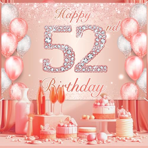 Image of Happy 52nd Birthday Rose Gold Banner Cheers to 52 Years Old Backdrop Confetti Balloons Theme Decor for Women 52 Years Old Pink Birthday Party Decorations Bday Supplies Background Favors Gift Glitter