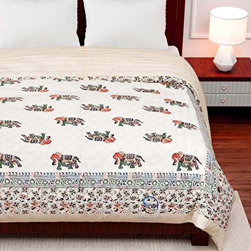 Image of 380 GSM Jaipuri Hand Block and Screen Elephants Printed Winter Cotton Double Bed Quilt Razai - King Size Multicolor, Rajai 88x105 inch