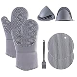 Ofenhandschuhe Topfhandschuhe Silikon 6er Set - Hitzebeständige & rutschfeste Backhandschuhe bis 300°C, Vielseitige Ofen-Handschuhe für Kochen, Backen, Grillen und Küche (Grau)