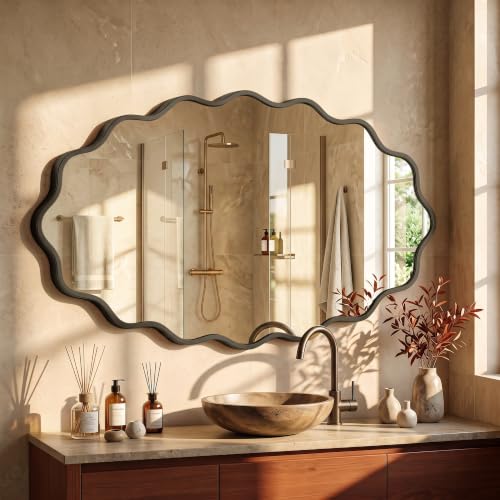 Image of Black Oval Mirror for Wall, 22 inch x 30 inch Wavy Mirror for Bathroom with Brushed Alloy Steel Frame&Shatter-Proof Glass, Decorative Wall Mirrors for Bedroom, Living Room, Entryway, Fireplace