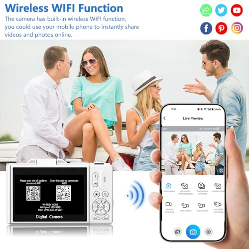 Image of Digital Camera for Photography, 4K Vlogging Camera for YouTube 3 inch 180 Flip Screen 18X Digital Zoom Compact Cameras with 32GB TF Card & 2 Batteries, White