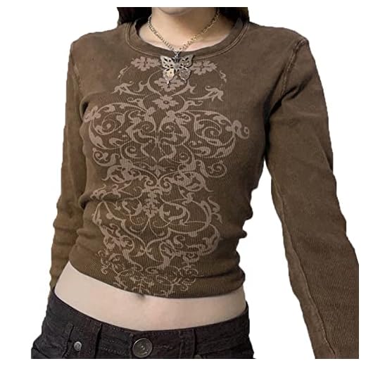 Sawmew Gothic Crop Top för Damer Sexig Topp Långärmade T-shirts för Kvinnor Vintage Gothic Tops Blus Y2K Mode 90-tal Tonårstjejer Punk Streetwear (Color : Brown, Size : XXL)