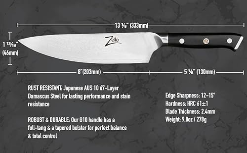 Zelite Infinity Damascus Chef Knife 8 Inch, Japanese Chef Knife, Damascus Kitchen Knife, Japanese Knife, Chefs Knife, Kitchen Knives, Chef Knives - Japanese Aus-10 Super Steel 67-Layer Damascus Knife #TOP6