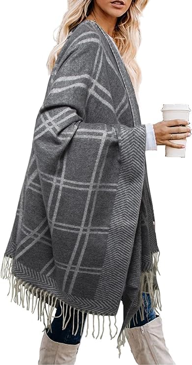 Image of LittleMax Women's Shawl Wraps, Fall Clothes Open Front Boho Cardigan Plaid Knitted Sweater