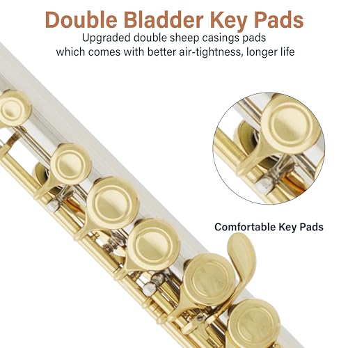 Image of Mendini by Cecilio 16 Keys Closed Hole C Flute Kit for Beginners - Gold | Beginner Flute Kit with Carrying Case, Stand, Tuning Rod, Adjustment Screws, Cork Grease, Lesson Book, Cleaning Kit, Gloves