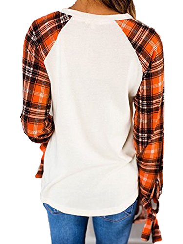 Famulily Women's Casual Raglan Tie Sleeve Plaid Print T Shirt Tops(L,White) #TOP2