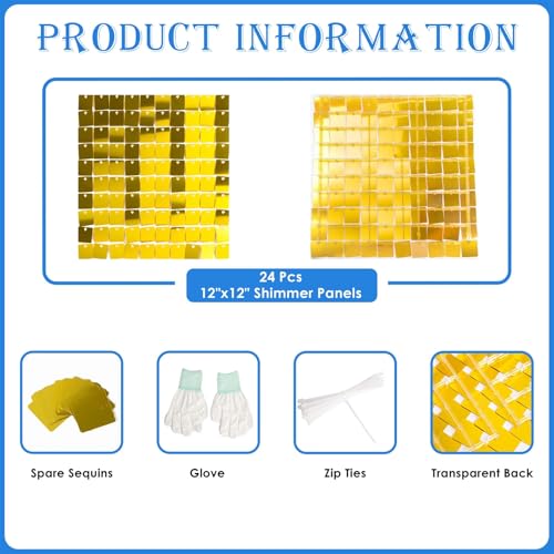 Image of Shimmer Wall Backdrop Gold Square Sequin Wall Panel Backdrop Decor for Wedding, Anniversary, Birthday, Party, 24 Panels