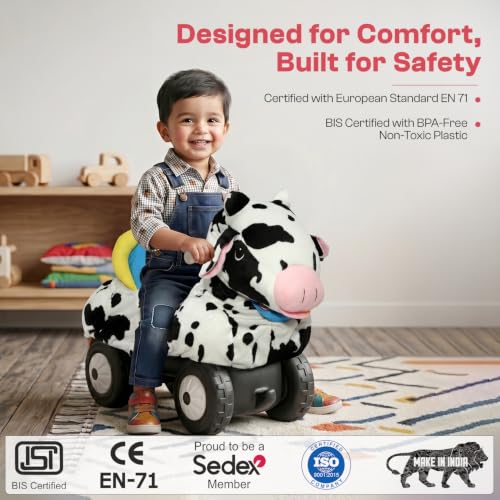 Image of Toyzone Little Soft Cow Ride on | Cloth-Covered Ride On Toy with Wheels | Back Support | Indoor & Outdoor Ride-On for Toddlers 1-4 Years