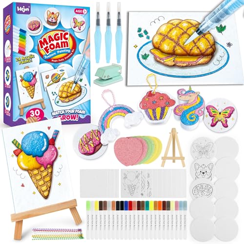 70PCS Magic Foam Texture Painting Kit, Magic Puffy Paint Kit with 30 Foam Texture Paper, 24 Colors Acrylic Paint Markers, Hole Punch Mini Display Stand, 3D Painting Craft Gift for Birthday, Christmas