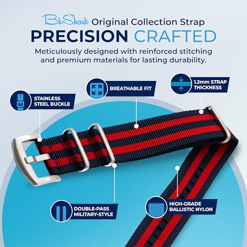 Image of BluShark - Original Collection Military-Style Waterproof Watch Strap, Fits All Timepiece Brands, Durable Nylon Wristwatch Accessories with Stainless Steel Buckle - 18mm, 20mm, 22mm & 24mm Watch Bands