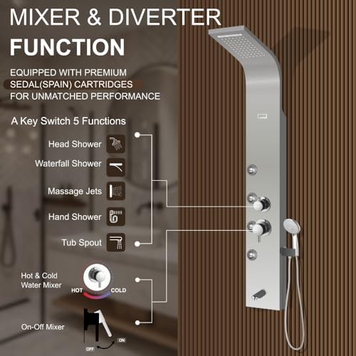 Image of JAAZ | Zander - Steel Matte Shower Panel | Waterfall & Rain Shower | 3 Function Body Jet (Steel Matte)