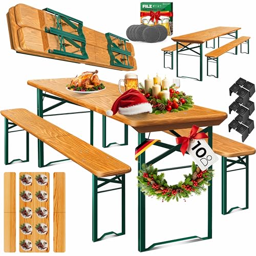 KESSER® Juego de Muebles de Jardín Plegable 3 Piezas - 220x50x77cm, 2 Bancos y 1 Mesa de Cerveza, Mesa de Madera, 16 Protectores de Suelo