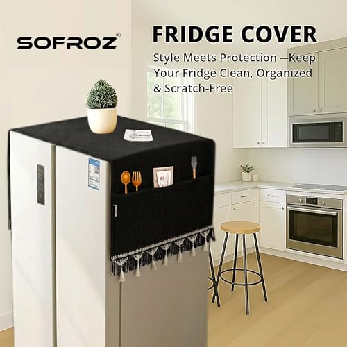 Image of Refrigerator Double Door Waterproof, Dustproof, Protective Cover for Fridges with Extra Storage Space Nylon Top Cover with 6 Storage Pockets (170 x 65 cm) (Black Lace)