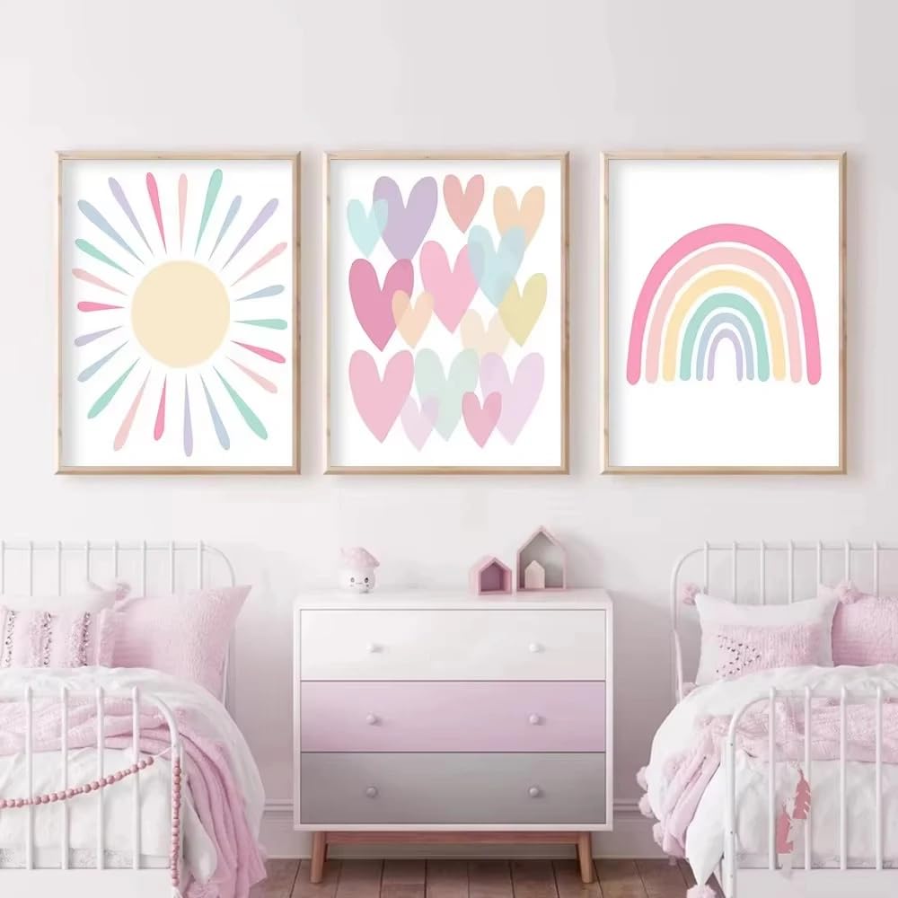 SOBMQ Pictures-Pink Cartoon Rainbow Sun Poster Print Art Picture Abstract Wall Canvas Painting For Living Room Bedroom Home Decoration-50 * 60cm-3PCS (No Frame)
