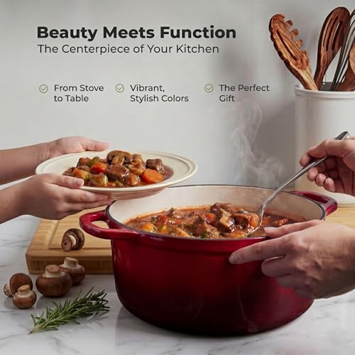 Image of Zulay Kitchen 6.4QT Enameled Cast Iron Dutch Oven Pot with Lid, Heavy-Duty Soup Pot for Stews, Braising, Roasting & Sourdough Bread Baking, Oven Safe up to 500F - Garnet