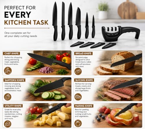 Image of 6 Pcs Kitchen Knife Set with Covers & Sharpener | Stainless Steel Black Coated Best Knives | Premium Chef Knife Set for Kitchen Use for Home & Restaurant | Professional Cooking Knife Set