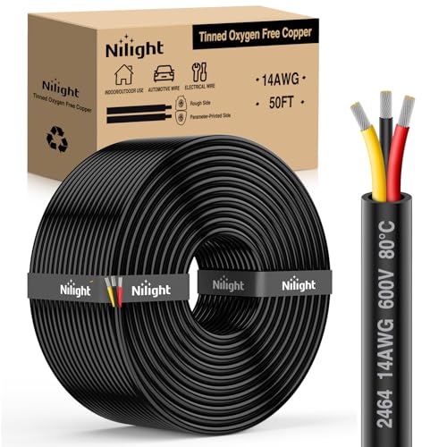 Image of Nilight 50FT 14AWG 3 Conductor Wire Tinned Copper Red Black Yellow | 3 Electrical Wire Tinned Oxygen Free Copper Parallel 600V DC Flexible PVC Case Extension Cords for LED Strip Lamp Lighting