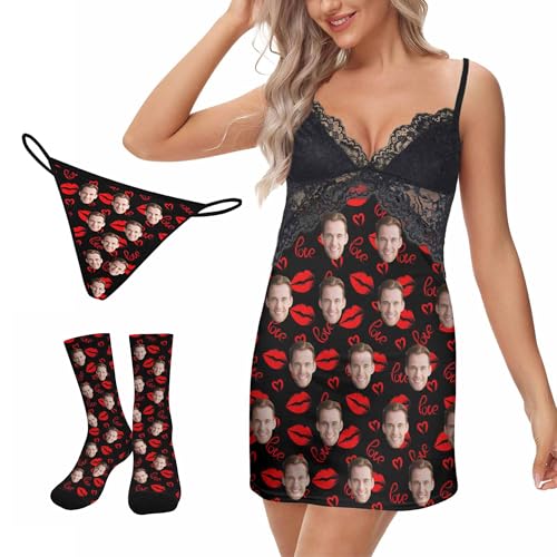 Artsadd Custom Women's Nightgown with Funny Face, Personalized V-neck Sexy Lace Chemise Sleepwear Customized Cami Sleeveless Night Dress, Babydoll Sleep Dress Gifts for Wife Girlfriend Mom