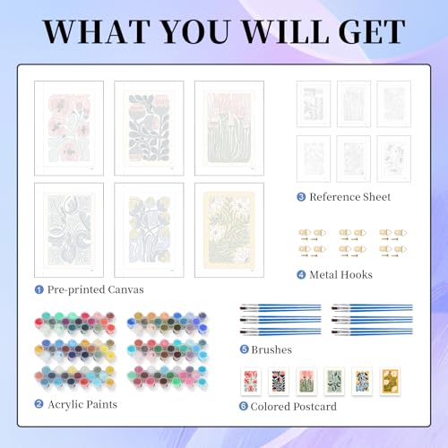 Image of 6 Pack Paint by Numbers Kit for Adults Beginner, Flower Adult Paint by Number Kits on Canvas Without Frame, Easy Flowers DIY Acrylic Oil Painting by Numbers Kits, Perfect for Home Decor 8x12 Inch