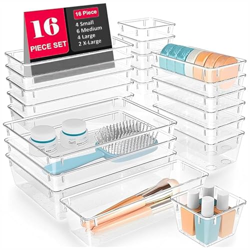 Image of 16 Pcs Clear Plastic Drawer Organizers Set - 4-Size Versatile Storage Trays for Bathroom, Vanity, Makeup, Kitchen Gadgets & Office Organization, Stationery Organizers Box