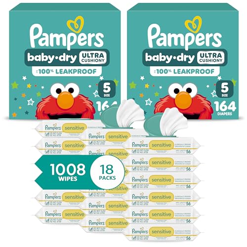 Pampers Baby Dry Disposable Baby Diapers Size 5, 2 Month Supply (2 x 164 Count) with Sensitive Water Based Baby Wipes 12X Multi Pack Pop-Top and Refill (1008 Count) [Packaging May Vary] - image 1