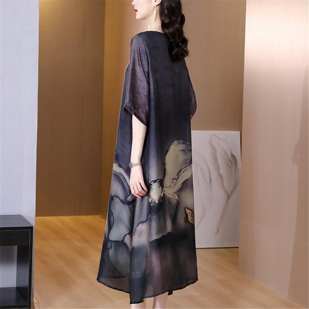 Mkjuuior Damska jedwabna sukienka z nadrukiem plus size, luźna, elegancka sukienka z wysokim stanem, okrągły dekolt, EN8, L