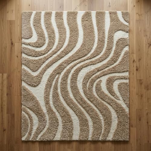 Image of SWEET HOMES Luxury Abstract Shag Rug, Thick Soft Area Carpet for Living Room, Bedroom, 4 x 6 Feet (122 x 183 cm), Ivory /Beige Hi