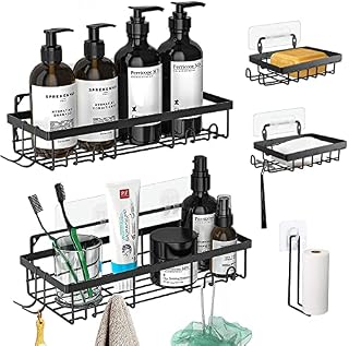 sunvito 2 Pack Shower Caddy, No Drilling Shower Organiser with 2 Soap Dishes, 4 Hooks, Toilet Paper Holder, Rustproof Stainless Steel Bathroom Accessories Storage Shelves for Kitchen & Bathroom