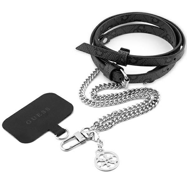 Guess Bandoulière Amovible PU 4G & Chaîne avec Breloque (Argent & Noir) - Coque de Téléphone Compatible iPhone 15 Pro - Cuir de Qualité Supérieure - Compatible avec Le Chargement sans Fil