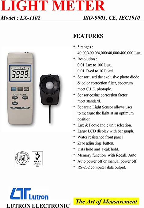 Light Meter or Lux Meter Exposure Meter Light Meterfor Auditoriums, Theatres, Stadiums, Labs Along with Factory Calibration Certificate Model LX-1102